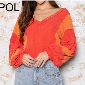 BP19🧡❤️NEW!POL perfect v-neck tangerine+ red top w/stud accents+ keyhole…